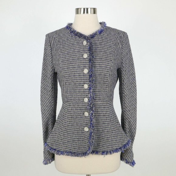 Theyskens' Theory Jossak Jacket Womens 2 Blue Tweed Stretch Button Fray Trim - Picture 3 of 11